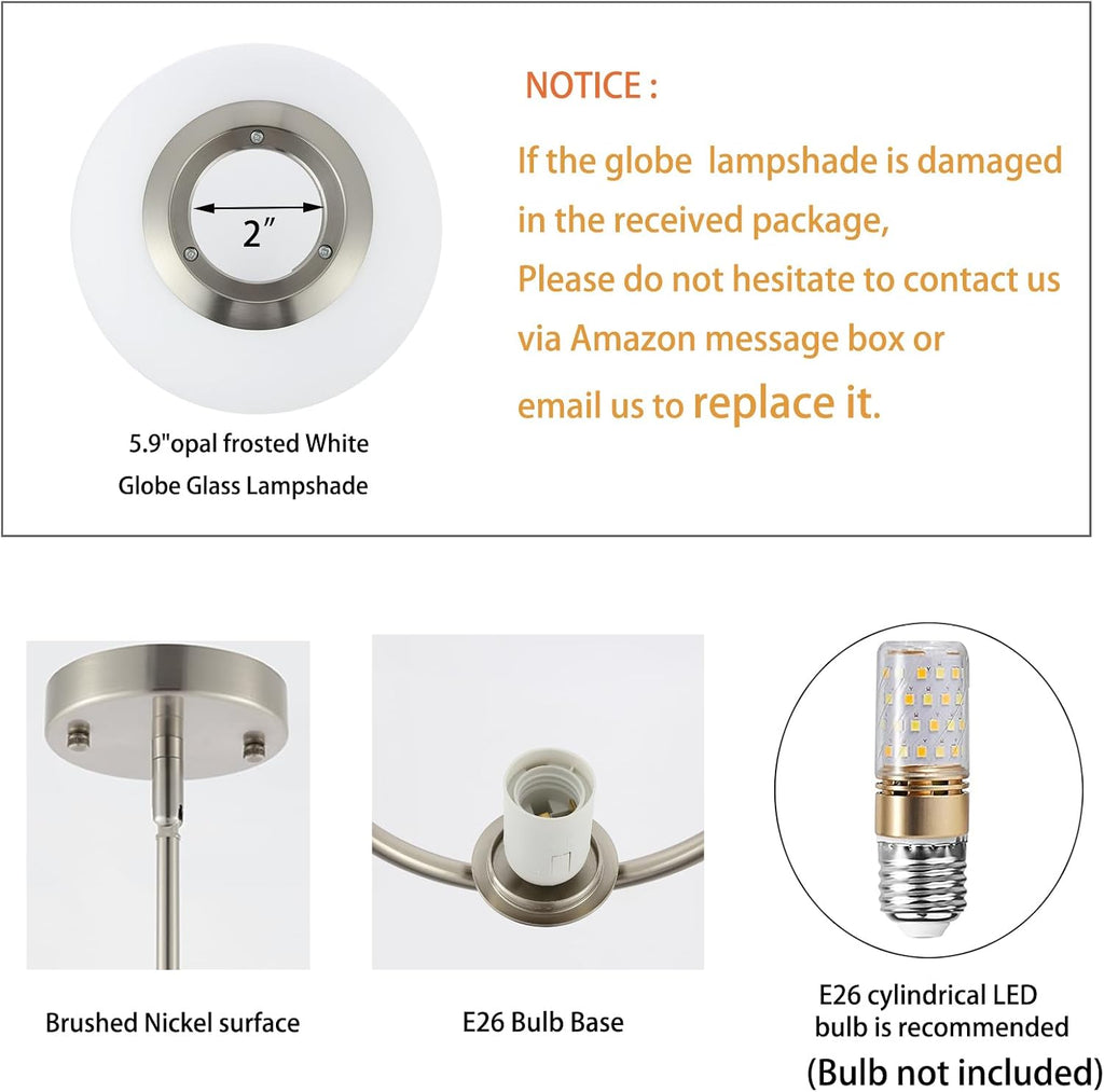 BYOLIIMA Modern Globe Pendant Light 2-Lights Brushed Nickel Chandelier Mid Century Ceiling Hanging Lighting Fixture White Globe Glass Shades for Kitchen Island Dining Room Bedroom