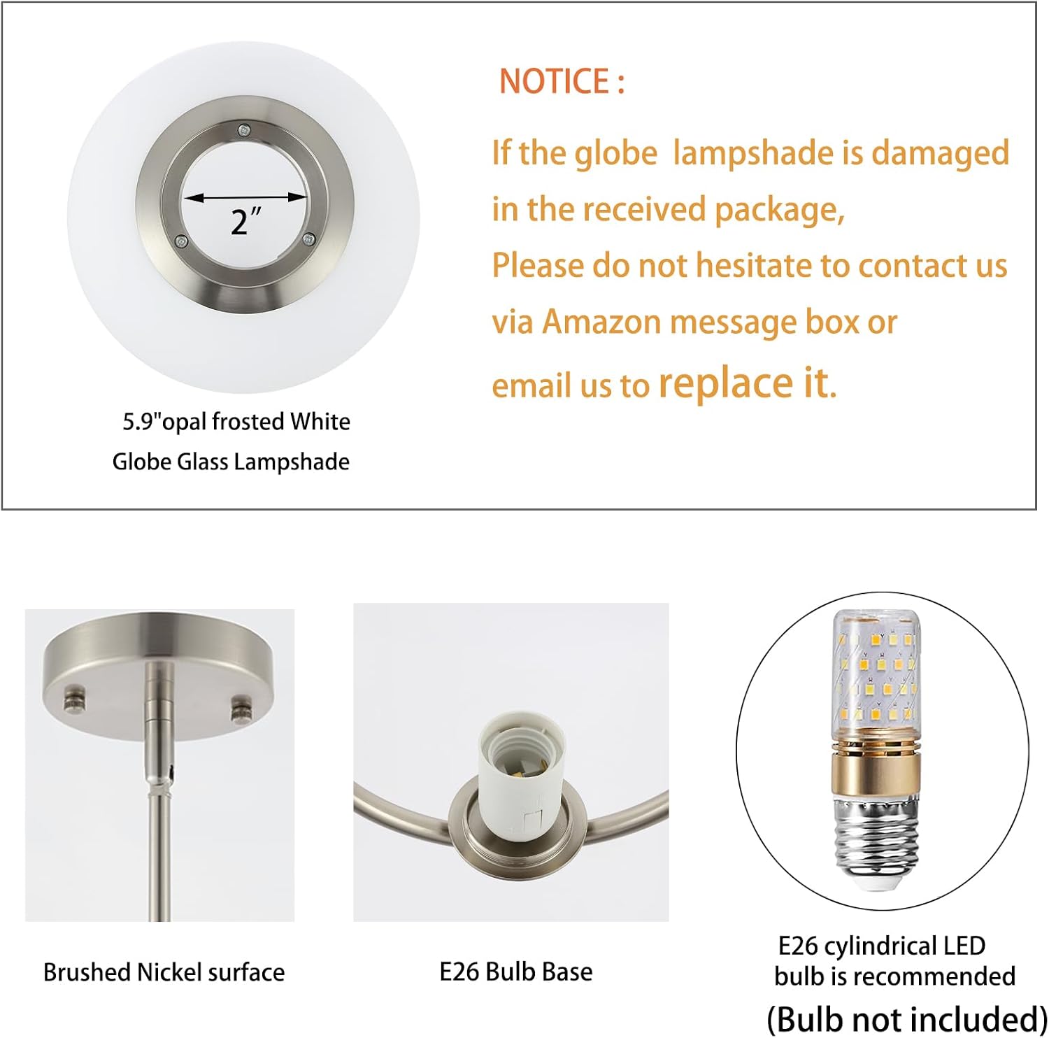 BYOLIIMA Modern Globe Pendant Light 2-Lights Brushed Nickel Chandelier Mid Century Ceiling Hanging Lighting Fixture White Globe Glass Shades for Kitchen Island Dining Room Bedroom
