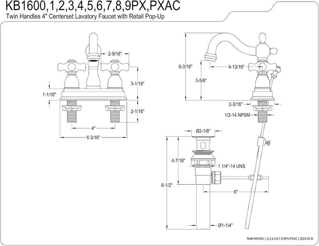 Kingston Brass KB1603PX 4 in. Centerset Bathroom Faucet, Antique Brass