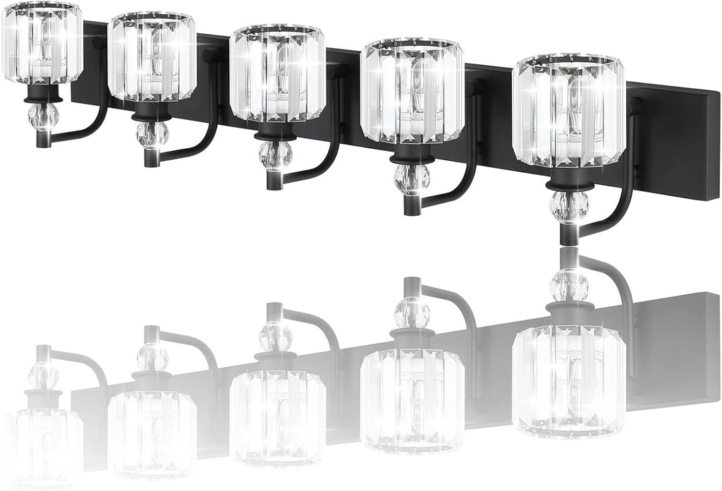 Ralbay Crystal Black Vanity Light Fixtures 5 Light Crystal Bathroom Light Fixtures Over Long Mirror Modern Matte Black Bath Wall Lights