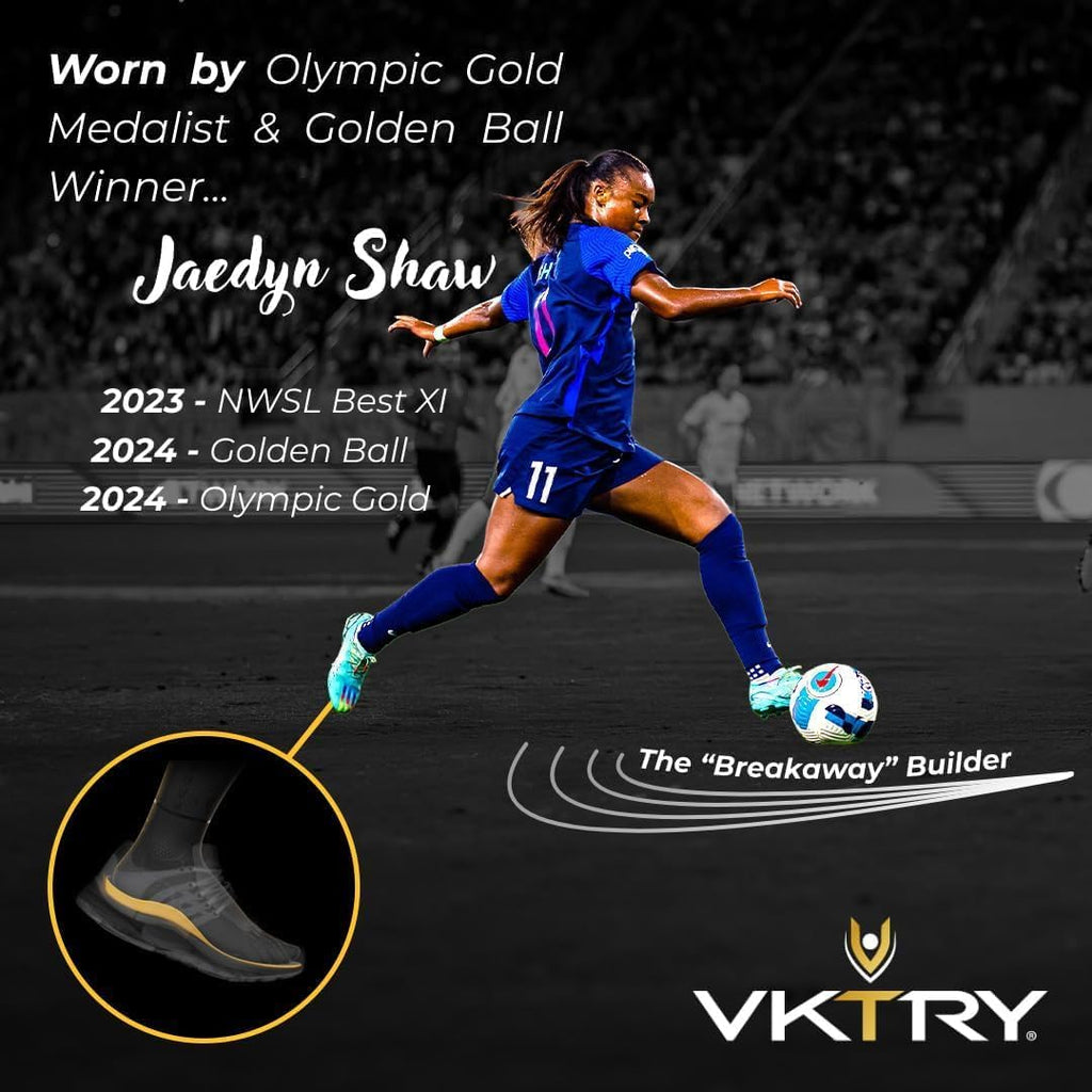 VKTRY Gold for Cleated Shoes - Carbon Fiber Performance Insoles - Customized Athletic Inserts for Soccer & Track | Shock Absorption, Run Fast, Jump High, US: Men 3-3.5, Women 5-5.5, <120lb
