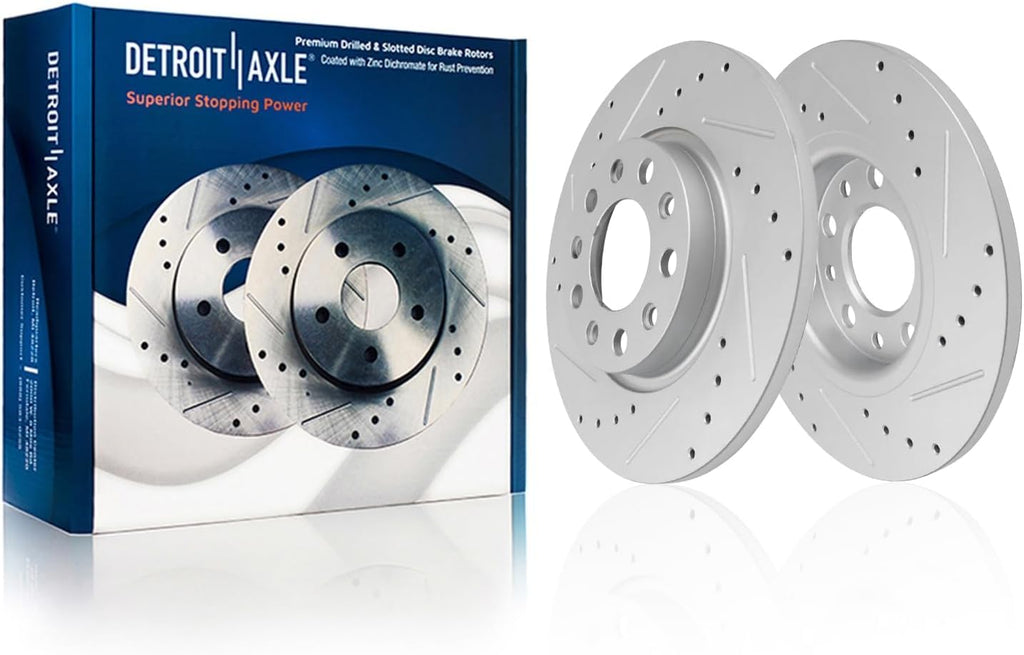 Detroit Axle - 8pc Brake Kit for Jeep 2014-2022 Cherokee [Single Piston Caliper], Drilled and Slotted Brakes Rotors Ceramic Brake Pads Replacement: 12.99' inch Front and 10.95' inch Rear Rotors