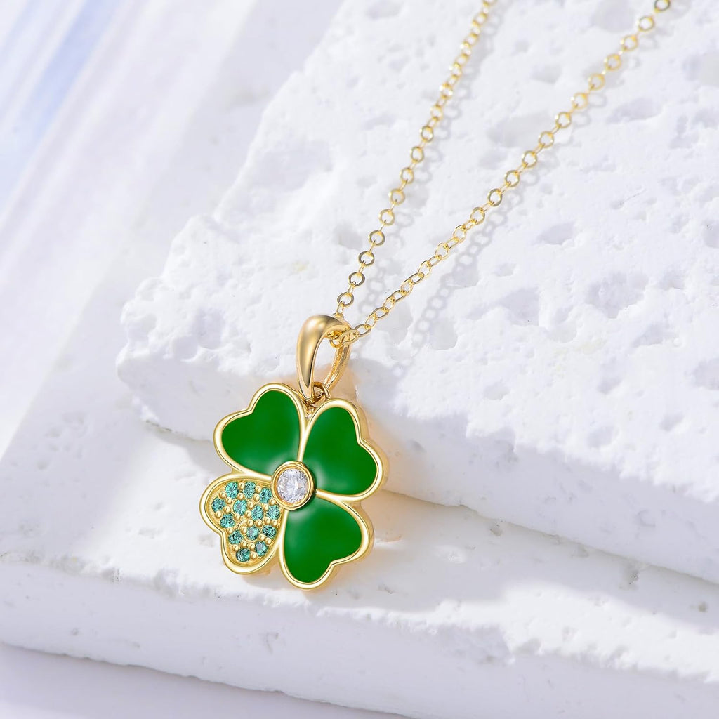 Aihpos Four Leaf Clover Necklace for Women 14K Solid Gold Green Lucky 4 Leaf Clover Necklace Ladybug Necklace