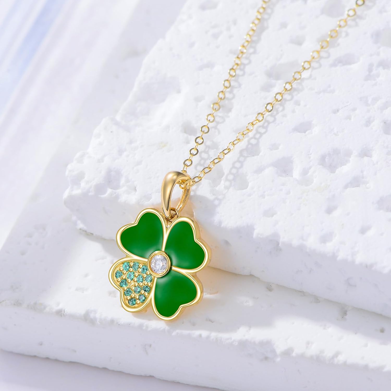 Aihpos Four Leaf Clover Necklace for Women 14K Solid Gold Green Lucky 4 Leaf Clover Necklace Ladybug Necklace