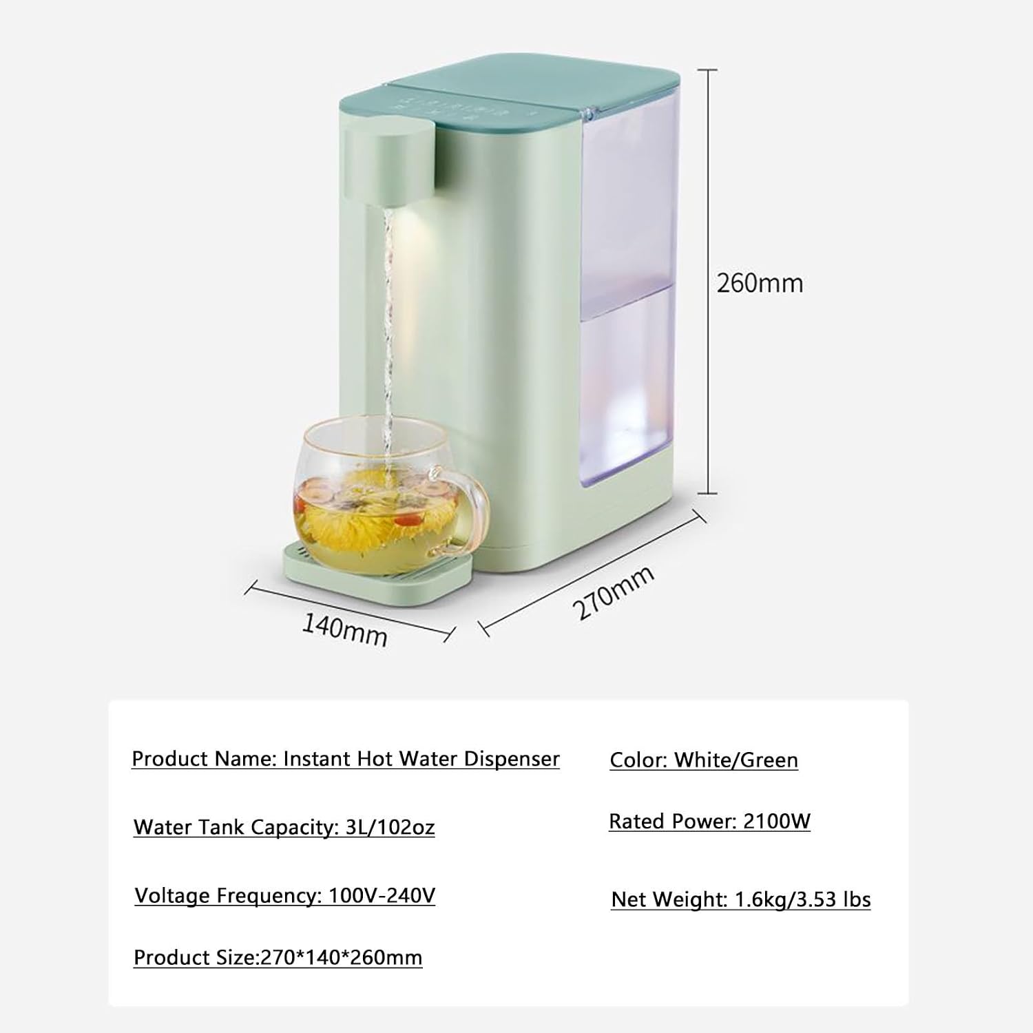 3L Hot Water Dispenser,Instant Hot Water Dispenser,5 Temperature Presets,2100W Fast Boil,with LED Night Light and Touch Screen(Color:Green)