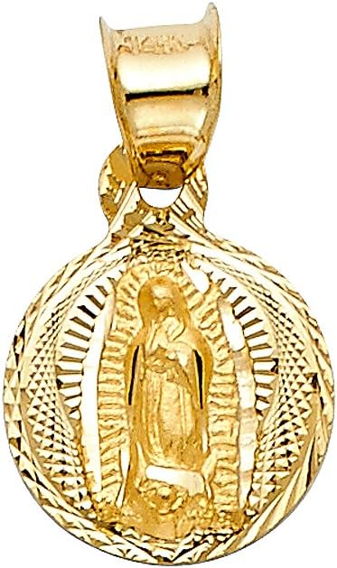 Ioka 14K Yellow Gold Diamond Cut Our Lady of Guadalupe Stamp Charm Pendant with 1.2mm Figaro 3+1 Chain Necklace