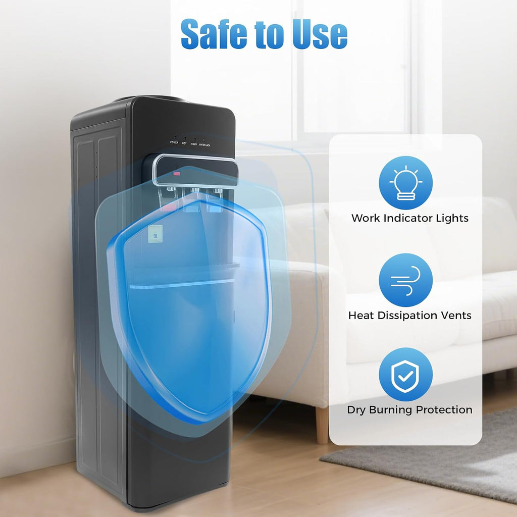 Bottom Loading Water Cooler Dispenser 3 Temperature Settings Hot, Cold & Room Water, Water Dispenser for 3 or 5 Gallon Bottles Heating Capacity 1.32Gal/H, Cooling 0.53Gal/H (Black 550W)