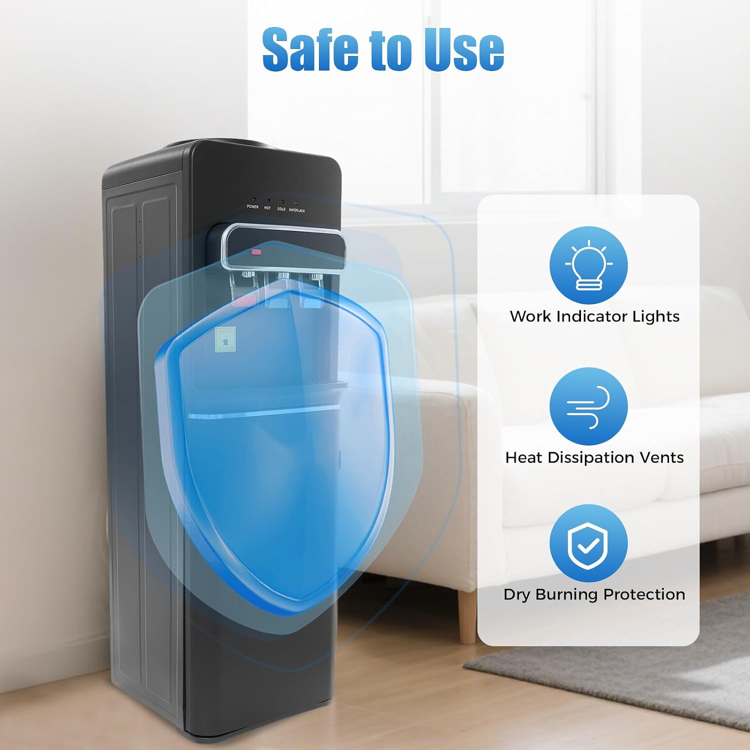 Bottom Loading Water Cooler Dispenser 3 Temperature Settings Hot, Cold & Room Water, Water Dispenser for 3 or 5 Gallon Bottles Heating Capacity 1.32Gal/H, Cooling 0.53Gal/H (Black 550W)