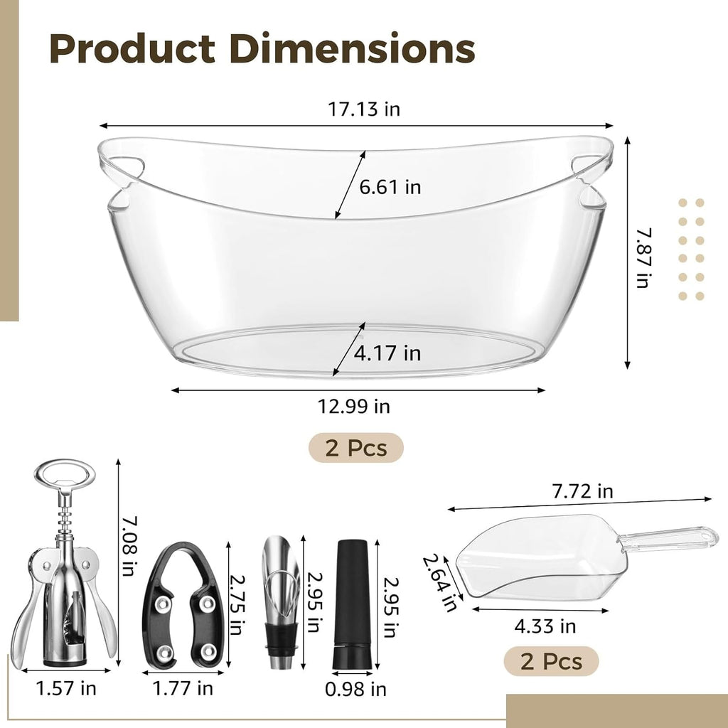 5.5L Ice Buckets 2-Pack With Shovels, Clear Plastic Party Tubs, Boat Design With Handles, Beverage Chillers