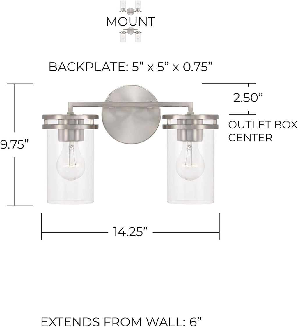 HomePlace by Capital Lighting 148721BN-539 Fuller Transitional Clear Glass Cylinder Vanity Light for Bathroom, 2-Light 200 Total Watts, 10' H x 14' W, Brushed/Satin Nickel