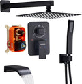 10' Matte Black Shower Faucet Set – Square Rainfall Showerhead + Handheld & Waterfall Spout, Wall-Mounted, Anti‑Clog Silicone – Modern Bathroom Hardware