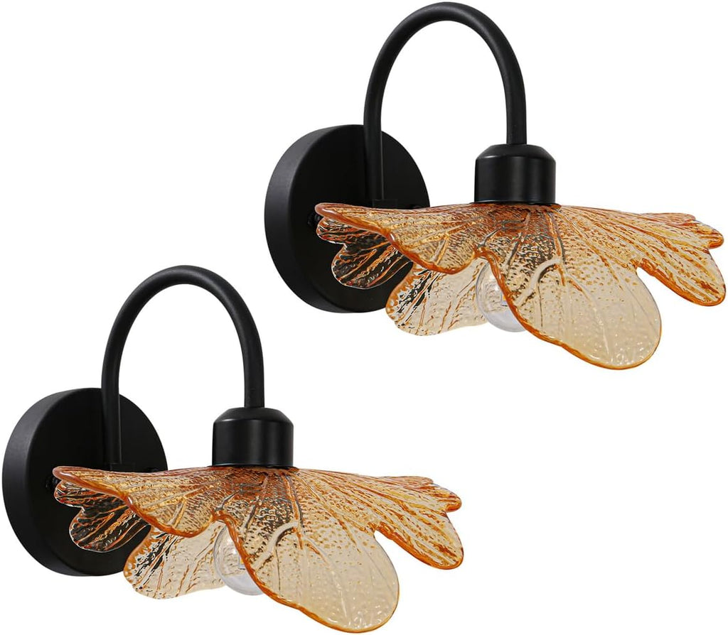 Bathroom Sconces Set of 2 Black Bathroom Vanity Light Over Mirror, Modern Wall Light Fixture with Amber Glass Shade Flower Art Deco Wall Sconce Vintage Wall Sconces for Bedroom Living Room