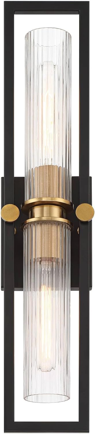 Stiffel Ramos 24' High Modern Art Deco 2 Light Wall Sconce Light Lamp Fixture Mount Bathroom Bedroom Bedside Living Room Hardwired Cordless Matte Black Antique Brass Glass Shade Indoor Kitchen