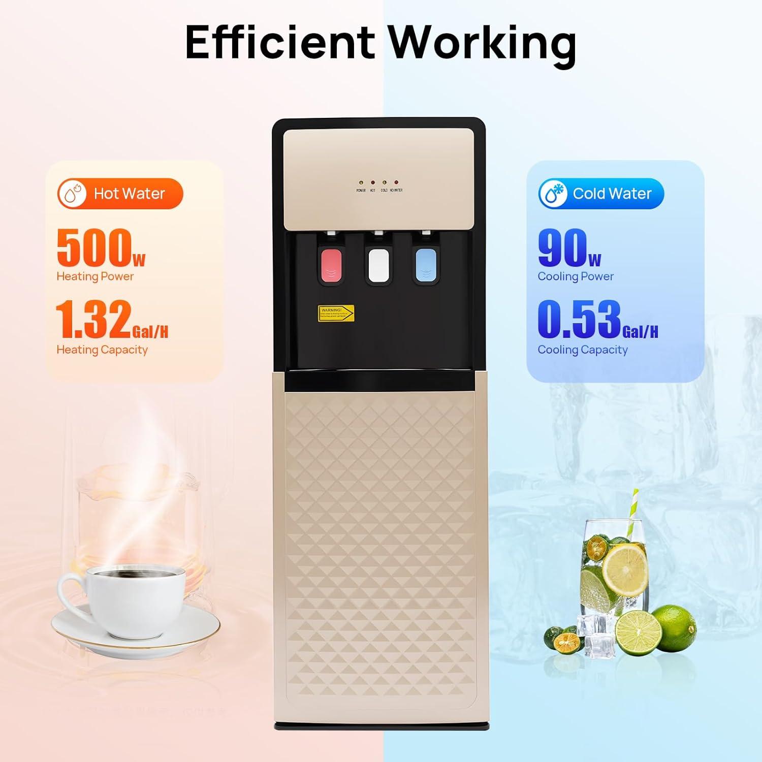 LYNICESHOP Bottom Loading Water Dispenser, Bottom Loading Water Cooler for 5 Gal Bottles w/Indicator Lights, Hot & Cold Standing Water Dispenser for Home, Office (Champaign Gold)