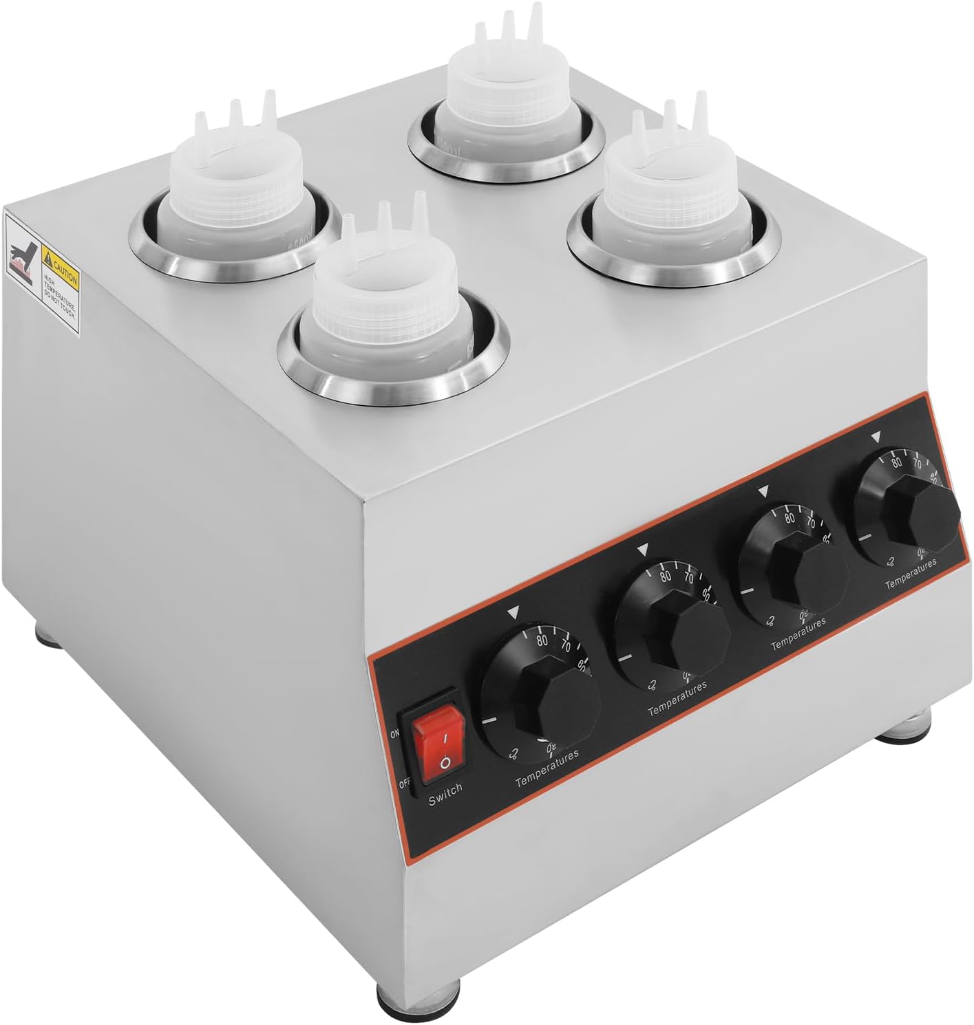 Commercial Electric Sauce Warmer Dispenser, Stainless Steel Countertop Warmer for Hot Fudge Nacho Cheese Caramel with 4X 650ml Squeeze Bottles and 4 Funnels, 86-185℉ 110V