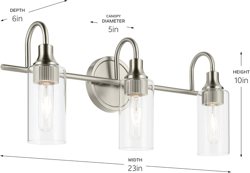 Kichler Kavi 23' 3-Light Bathroom Vanity Light Fixture with Clear Glass in Brushed Nickel, Modern Wall Mount Lighting Over Mirror for Powder Room and Bath (23' x 10'), 55211NI