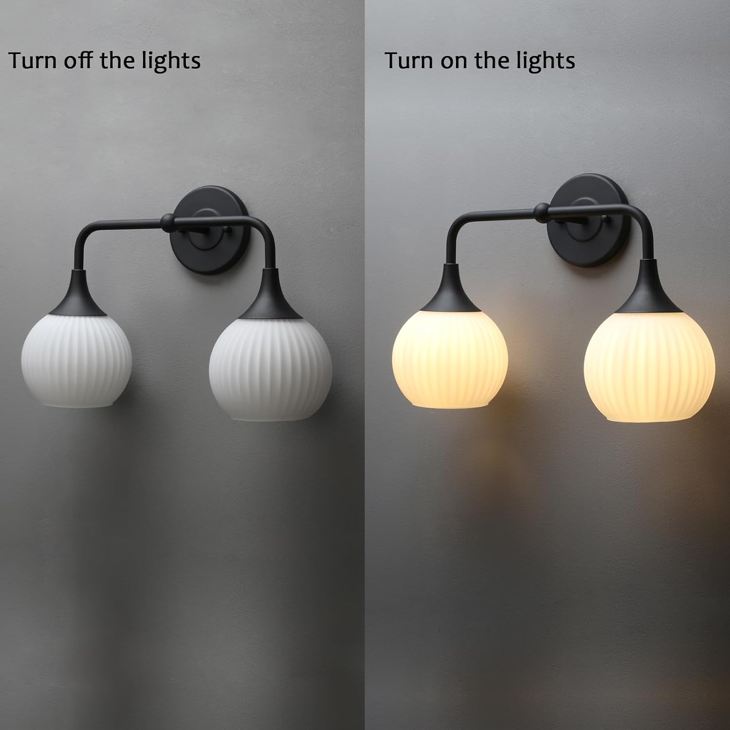 PERMO Double Sconce Black Vintage Vanity Light with White Ribbed Globe Glass Shade Hardwired Wall Light Fixture for Bathroom Mirror Cabinets Hallway Stairs