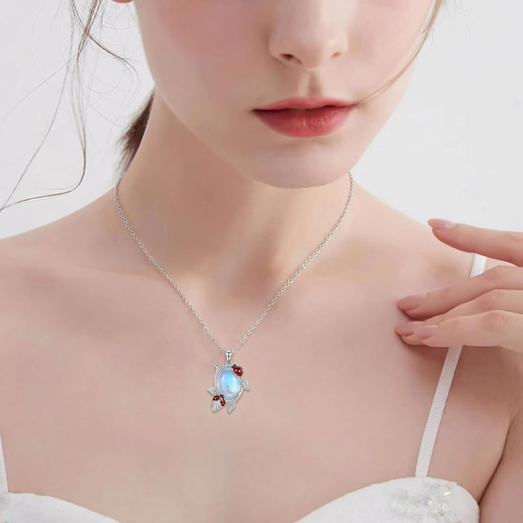 Moonstone Ladybug Necklace for Women 925 Sterling Silver Moonstone Pendant Nature Inspired Lucky Jewelry Gift for Mom Daughter Wife