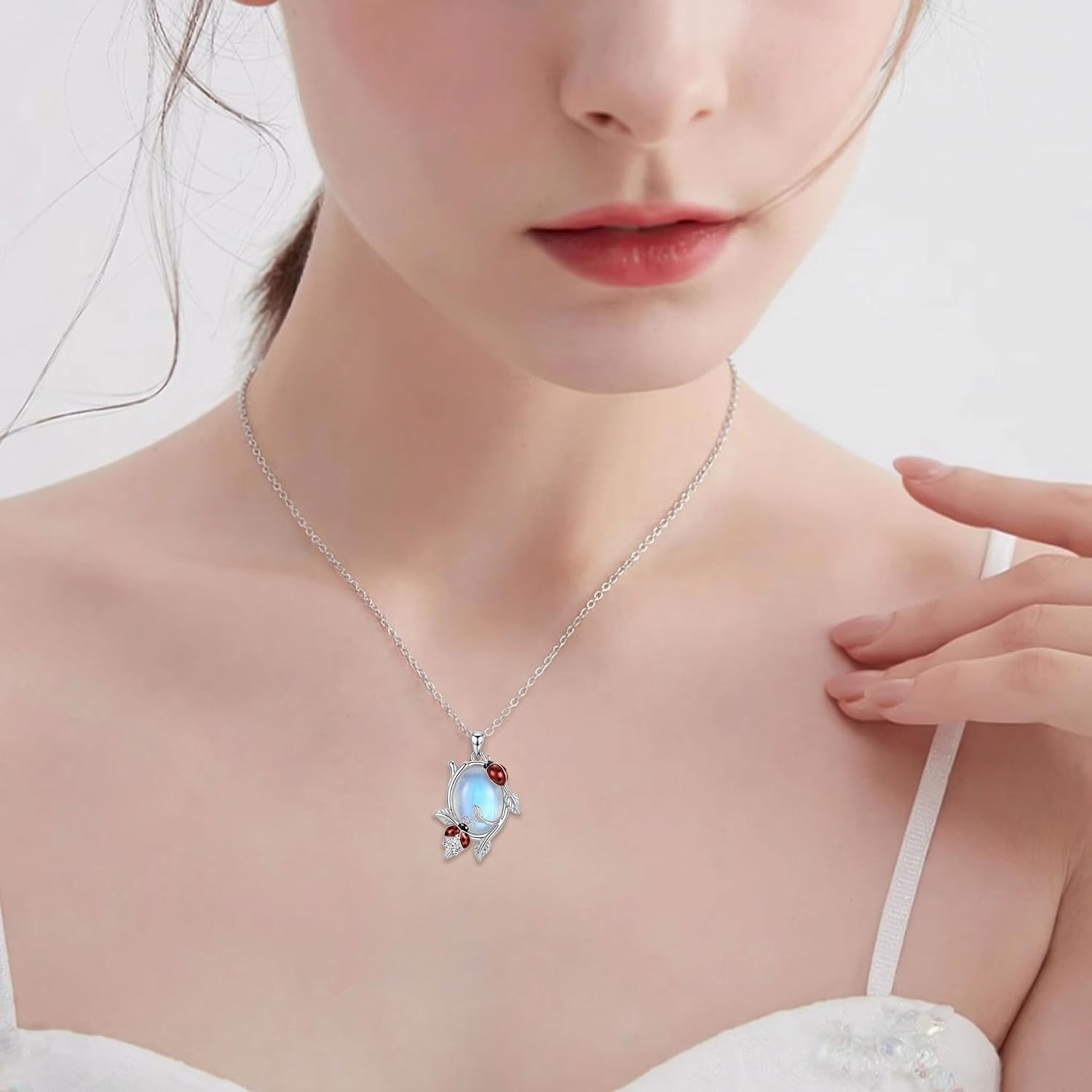 Moonstone Ladybug Necklace for Women 925 Sterling Silver Moonstone Pendant Nature Inspired Lucky Jewelry Gift for Mom Daughter Wife