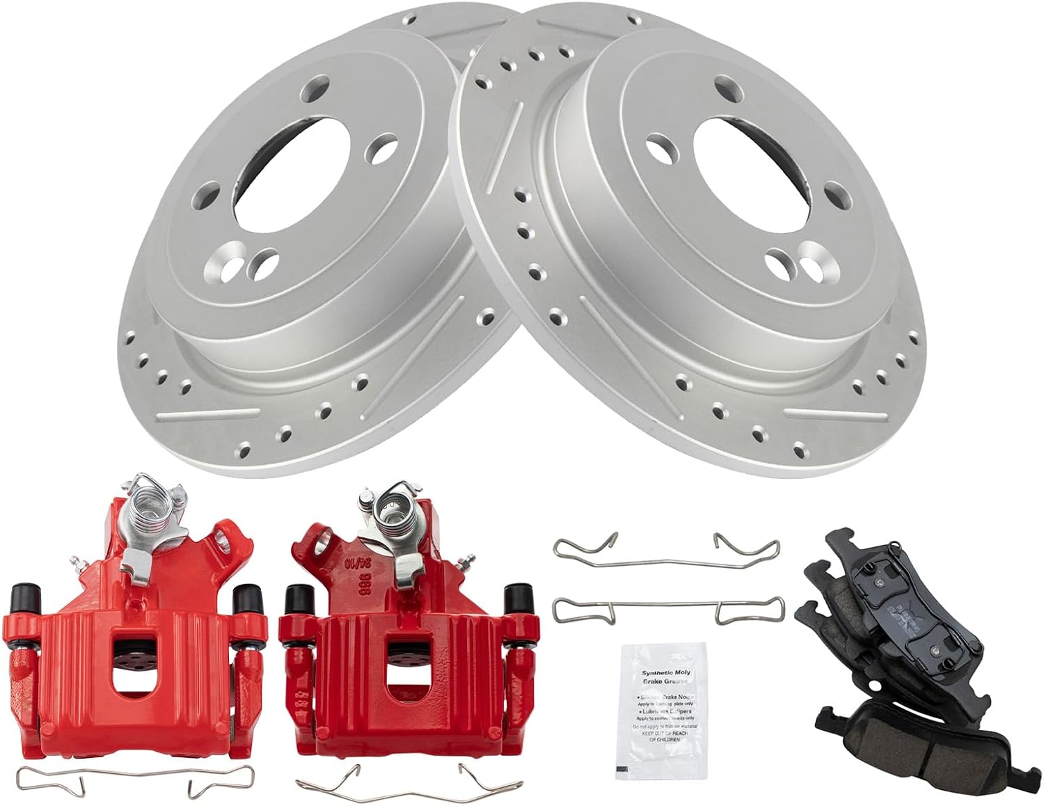 TRQ Performance Rear Brake Pad and Rotor Set Ceramic Slotted Drilled Coated Rotors Calipers Red Compatible with 2007-2008 Mini Cooper
