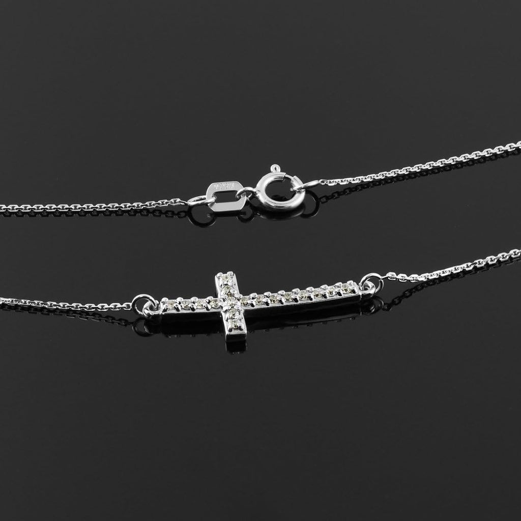 14k White Gold Diamond Sideways Cute Curved Cross Necklace