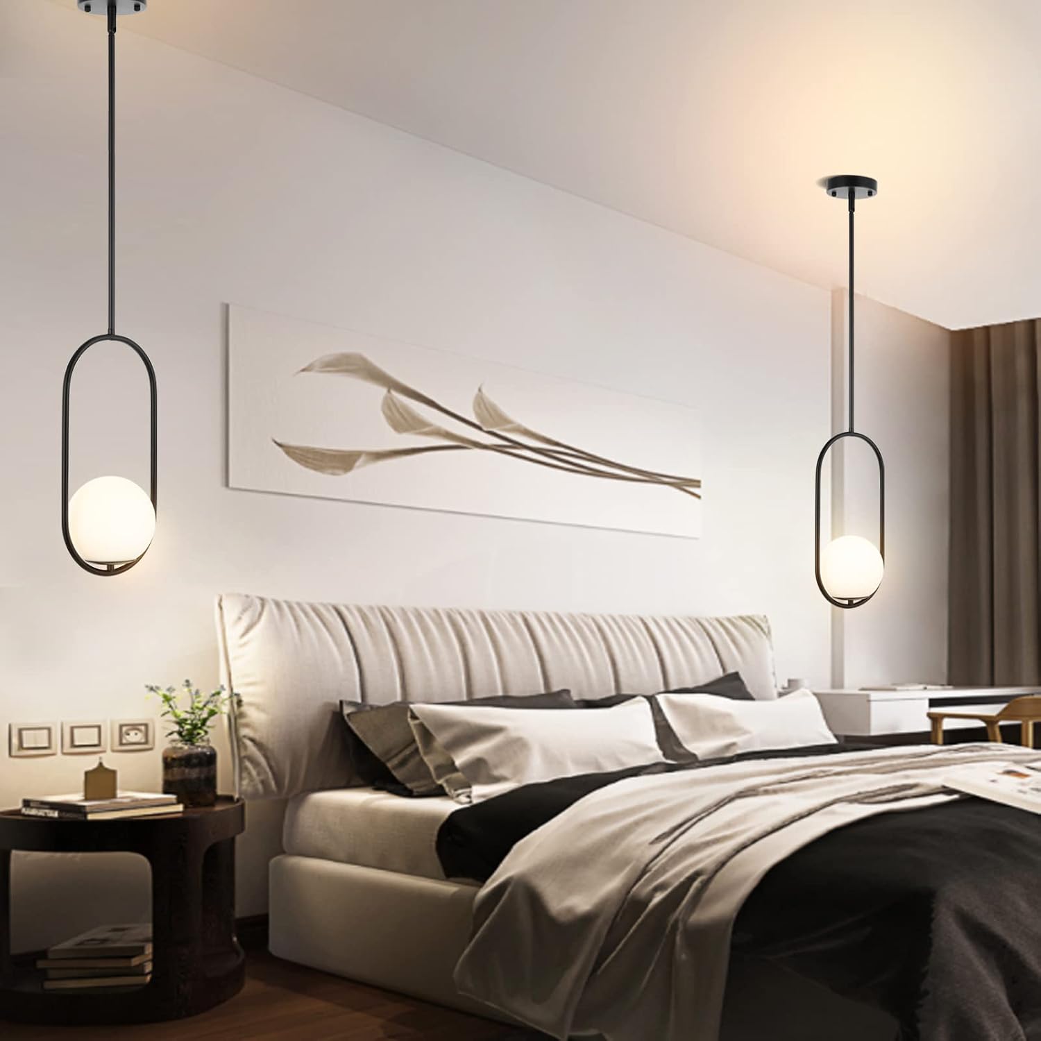 BYOLIIMA Modern Globe Pendant Light Mid Century Chandelier 1-Light Matte Black Ceiling Hanging Lighting Fixture with White Globe Glass Lampshade for Kitchen Island Dining Room Bedroom (2 Pack)