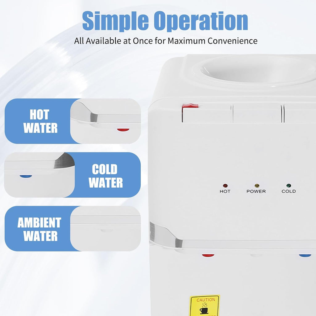Top Loading Water Cooler Water Dispenser with Two-Tier Locker, Water Cooler Dispenser for 5 Gallon, Top Load Hot & Cold & Warm Water Dispenser (White)