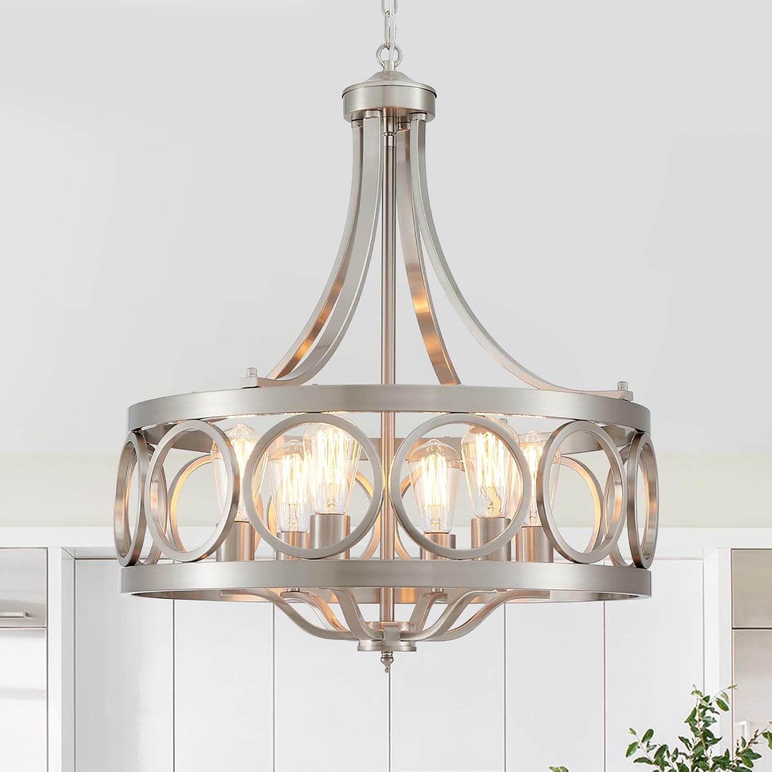 XINGQI Brushed Nickel Dining Room Chandelier 6 Lights Modern Farmhouse Chandelier 21.7' Round Hanging Lighting Fixture Rustic Metal Drum Pendant Lamp for Entryway Bedroom Kitchen