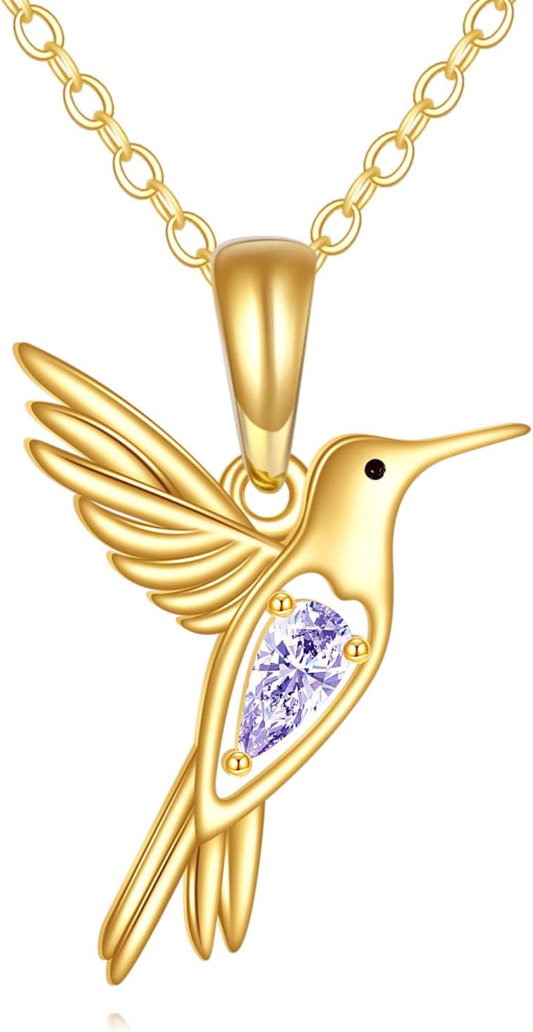 DOVRAN Real Solid Gold Birthstone Butterfly/Dragonfly/Bee/Hummingbird Necklace for Women Yellow Gold Animal Pendant for Christmas Dainty Jewelry Birthday Gifts for Mom Wife