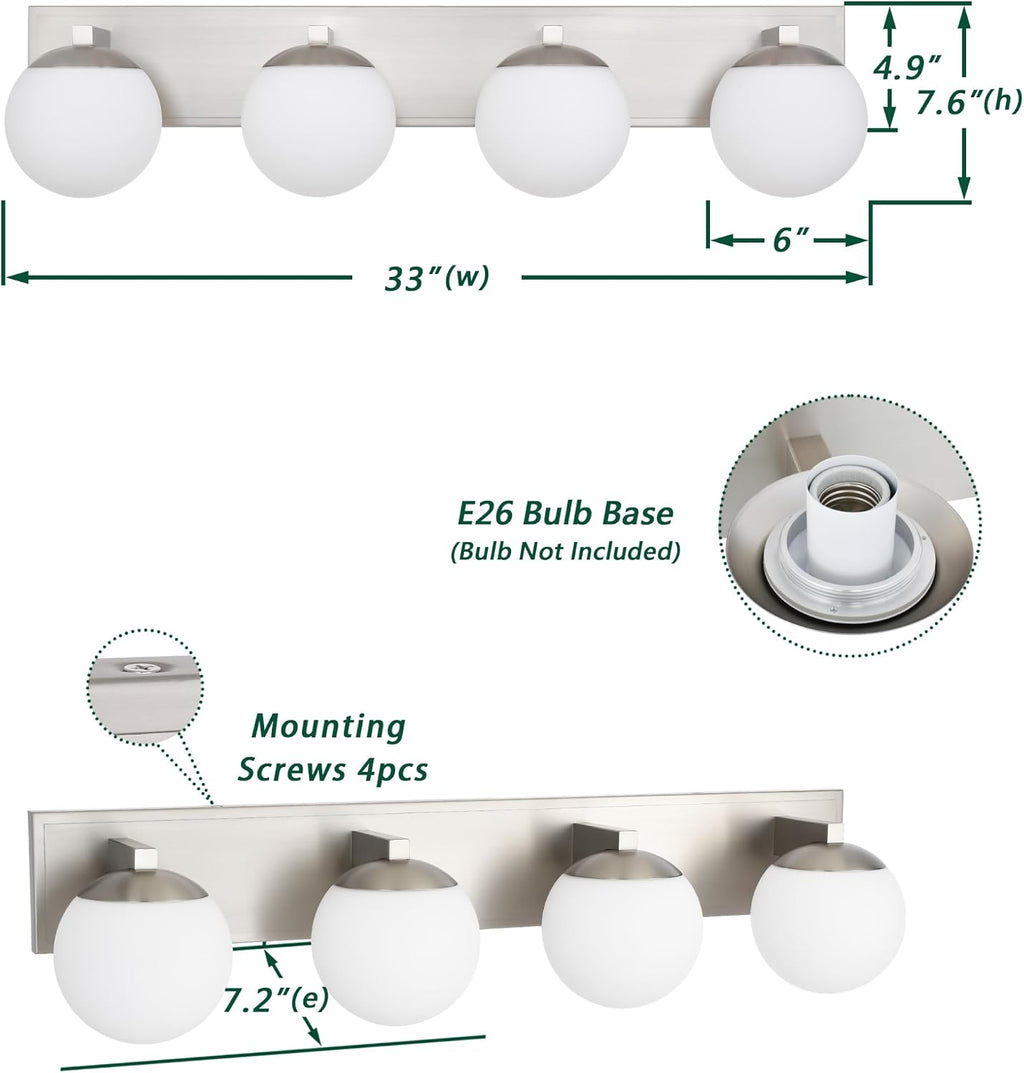 Bathroom Vanity Light Fixtures, 4-Light Globe Bathroom Lighting Fixtures Over Mirror, Modern Wall Lights for Living Room, Long Backplate, Standard E26 Base, Brushed Nickel