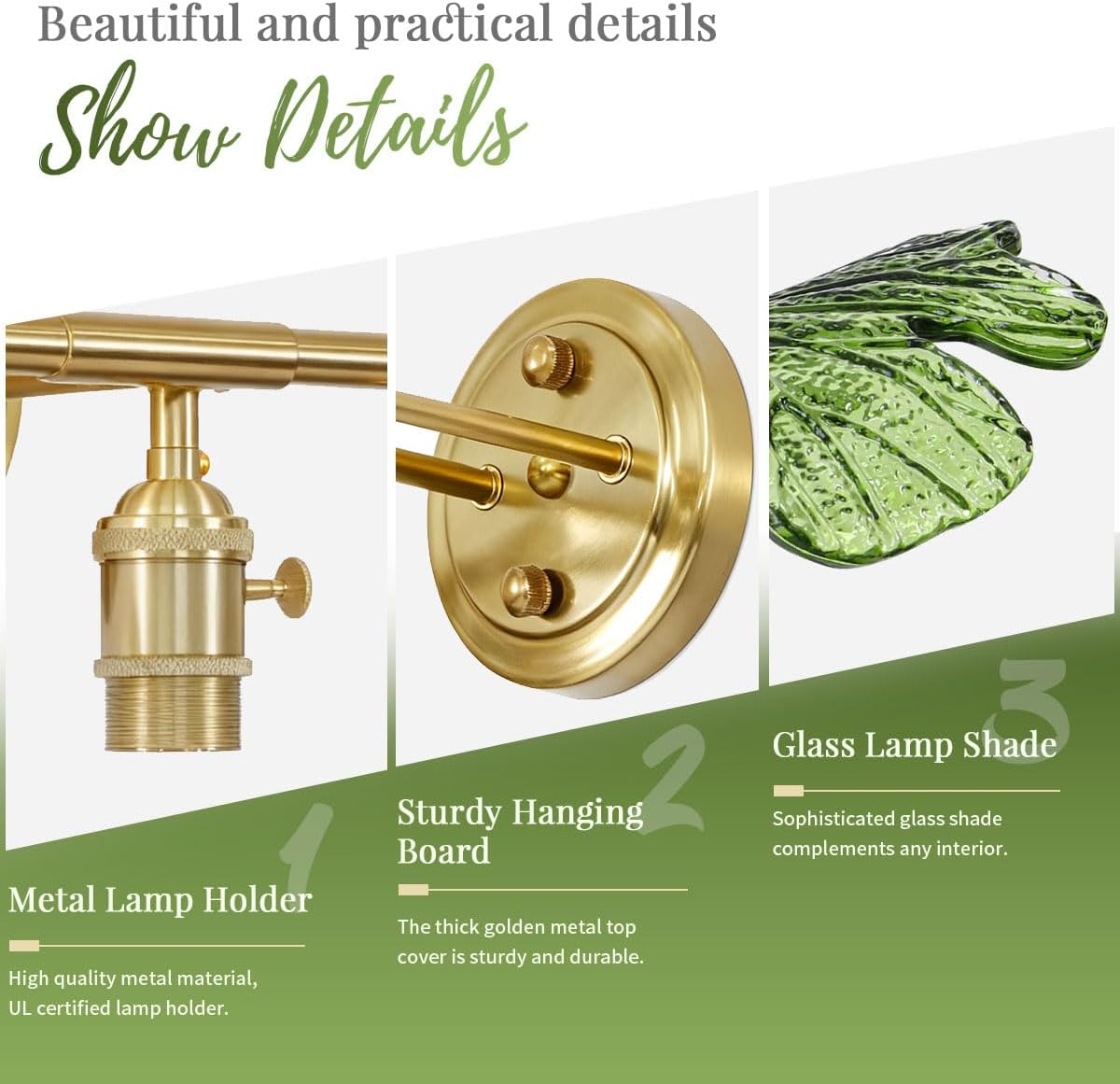 3 Light Green Glass Wall Sconces Art Deco Leaf Bathroom Lighting Fixtures Over Mirror, Gold brass Wall Sconce Vintage Wall Light Mid Century Modern Vanity Lights for Living Room Bedroom Hallway