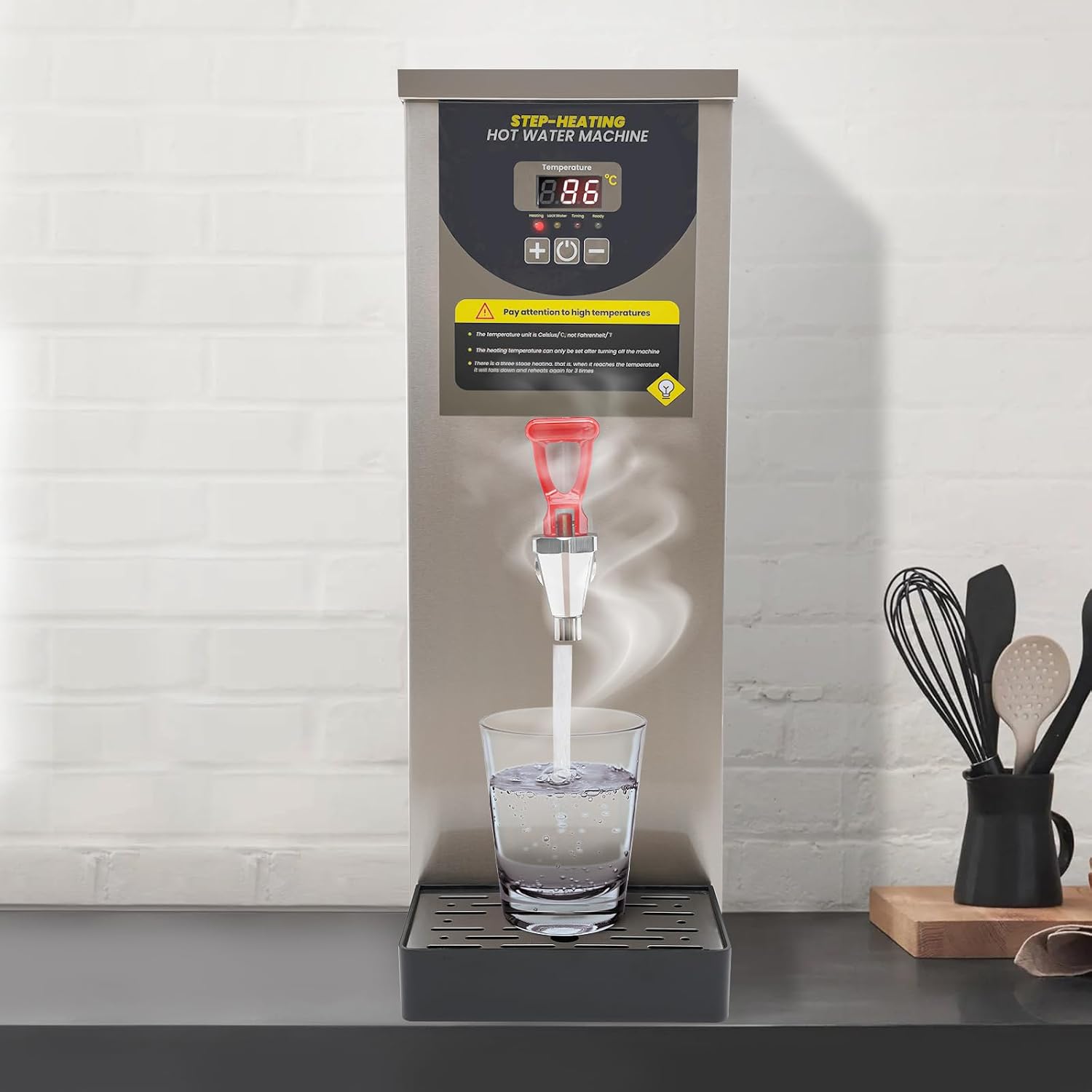 DYNAMI Commercial Hot Water Dispenser,Large Electric Water Boiler 304 Stainless Steel Hot Water Machine, Adjustable Temperature,Intelligent Step Heating,for Tea Coffee Restaurant (8L/2.1gal,Silver)