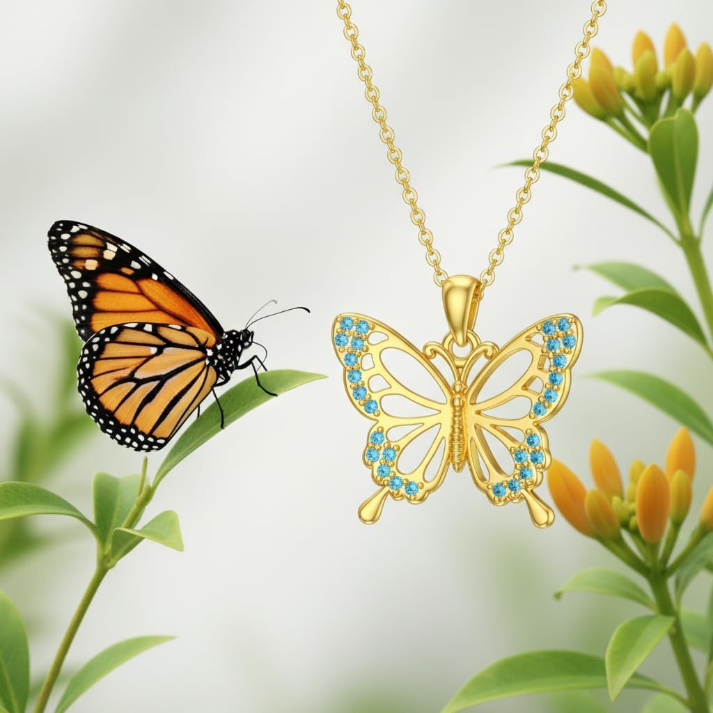 DOVRAN Real Solid Gold Birthstone Butterfly/Dragonfly/Bee/Hummingbird Necklace for Women Yellow Gold Animal Pendant for Christmas Dainty Jewelry Birthday Gifts for Mom Wife
