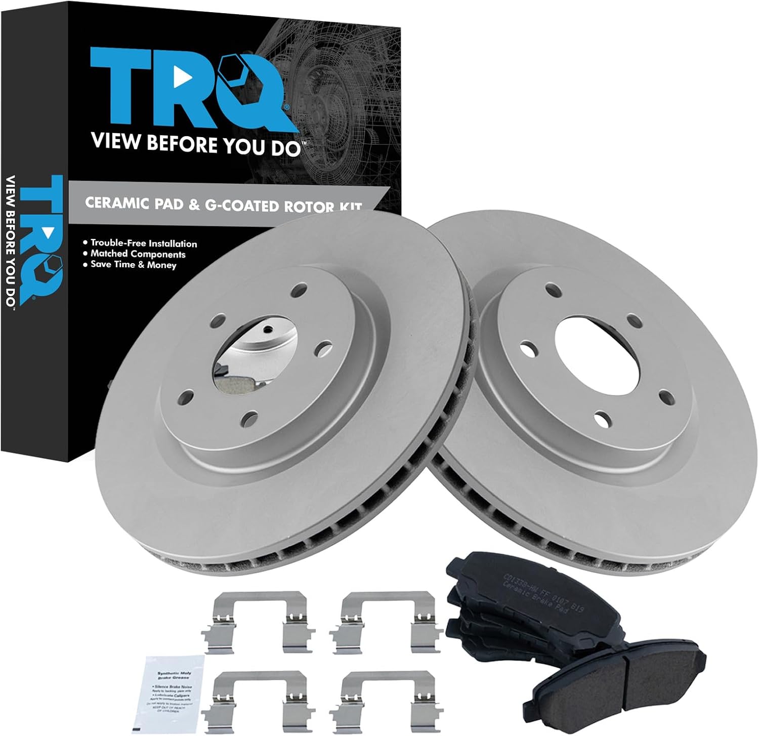TRQ Front Brake Pad and Rotor Set Ceramic Coated Rotors Compatible with 2008-2013 Nissan Rogue 2014-2015 Rogue Select 2007-2008 Sentra