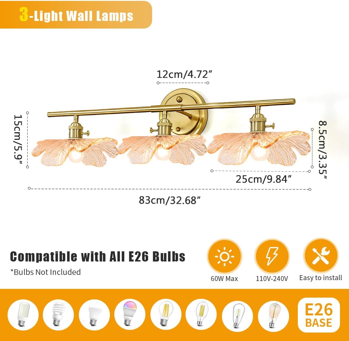 Gold Brass Bathroom Lighting Fixtures 3 Light Vintage Retro Wall Mount Light with Amber Flower Petal Glass Shade, Mid Century Vanity Lights Over Mirror for Living Room Hallway