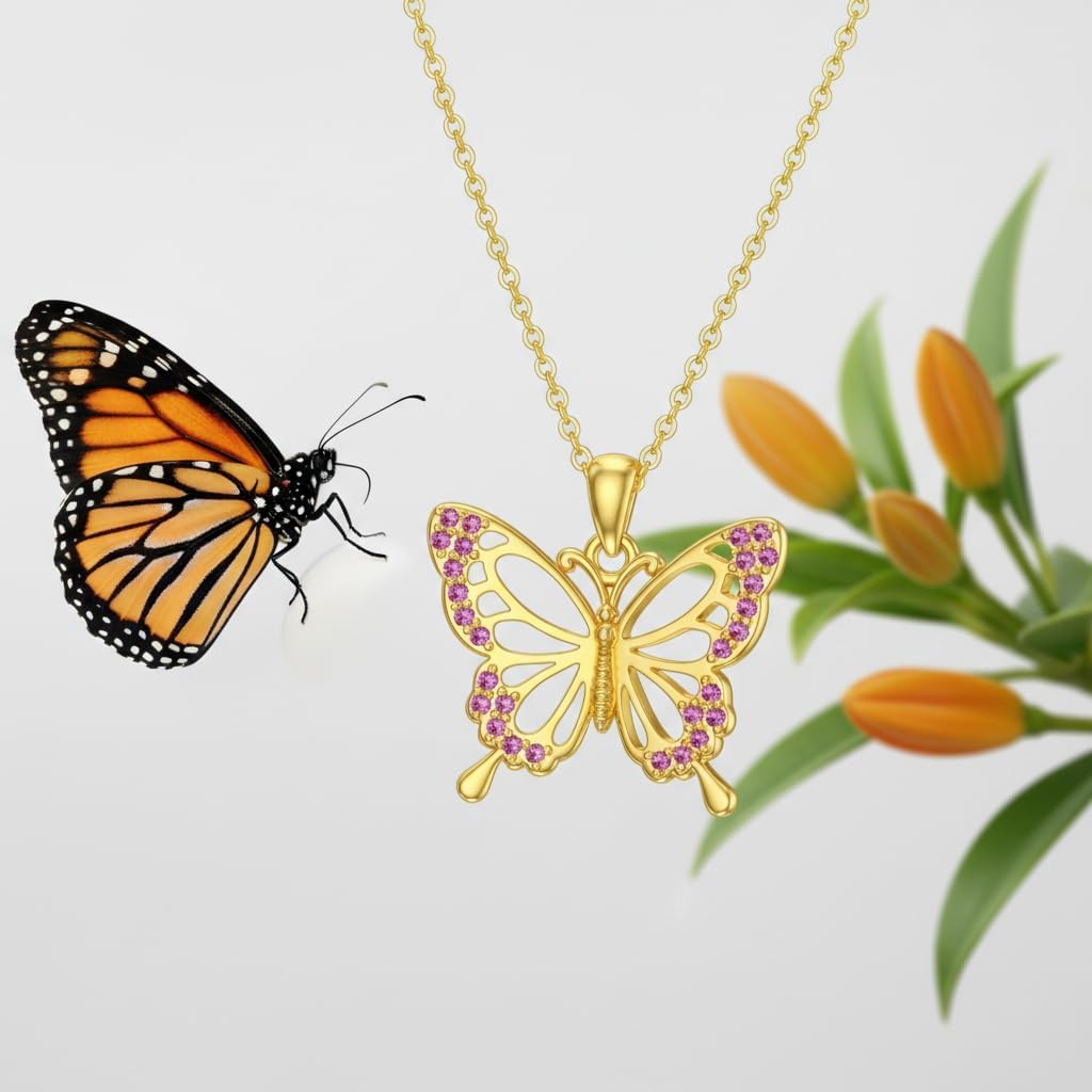 DOVRAN Real Solid Gold Birthstone Butterfly/Dragonfly/Bee/Hummingbird Necklace for Women Yellow Gold Animal Pendant for Christmas Dainty Jewelry Birthday Gifts for Mom Wife