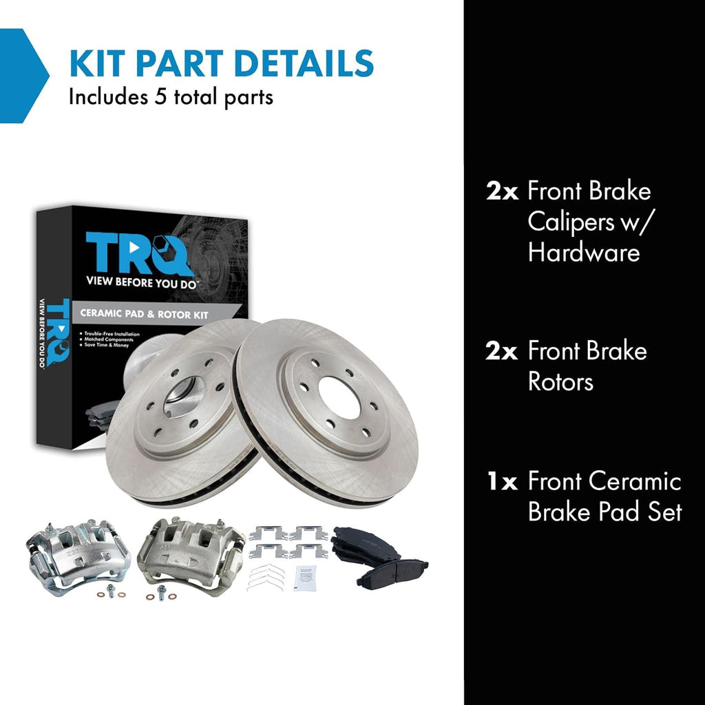 TRQ Front Brake Pad and Rotor Set Ceramic Vented Rotors Calipers Compatible with 2005-2018 Nissan Frontier 2009-2012 Suzuki Equator