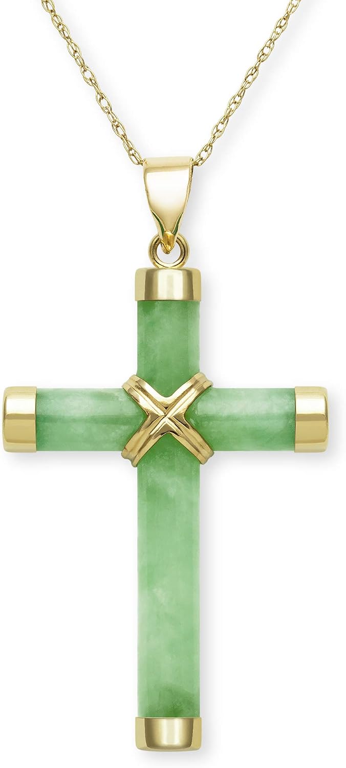 Belacqua Natural Green Jade Cross Pendant Necklace in 14K Yellow Gold, With Chain or Without Chain, Fashion Jewelry for Women, Gift Box Included