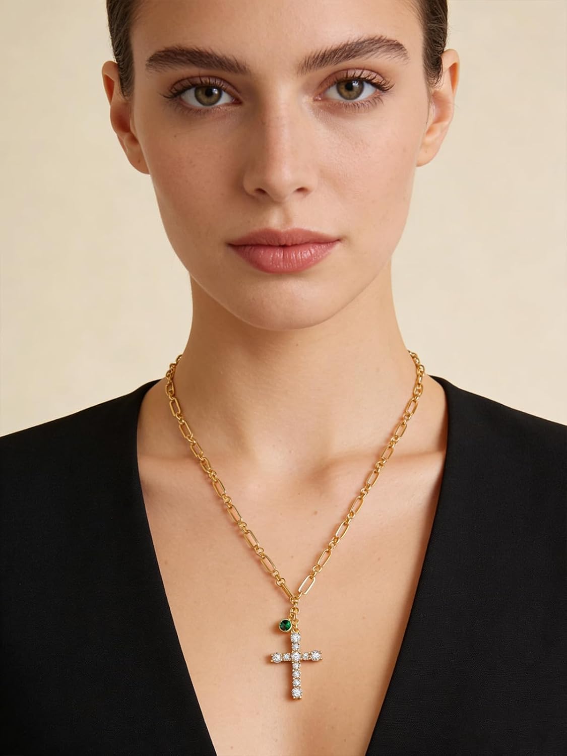 Cross Necklace for Women 14K Gold Birthstone Anniversary Birthday Gift for Wife Mom Protection Christian Jewelry Adjustable Chain