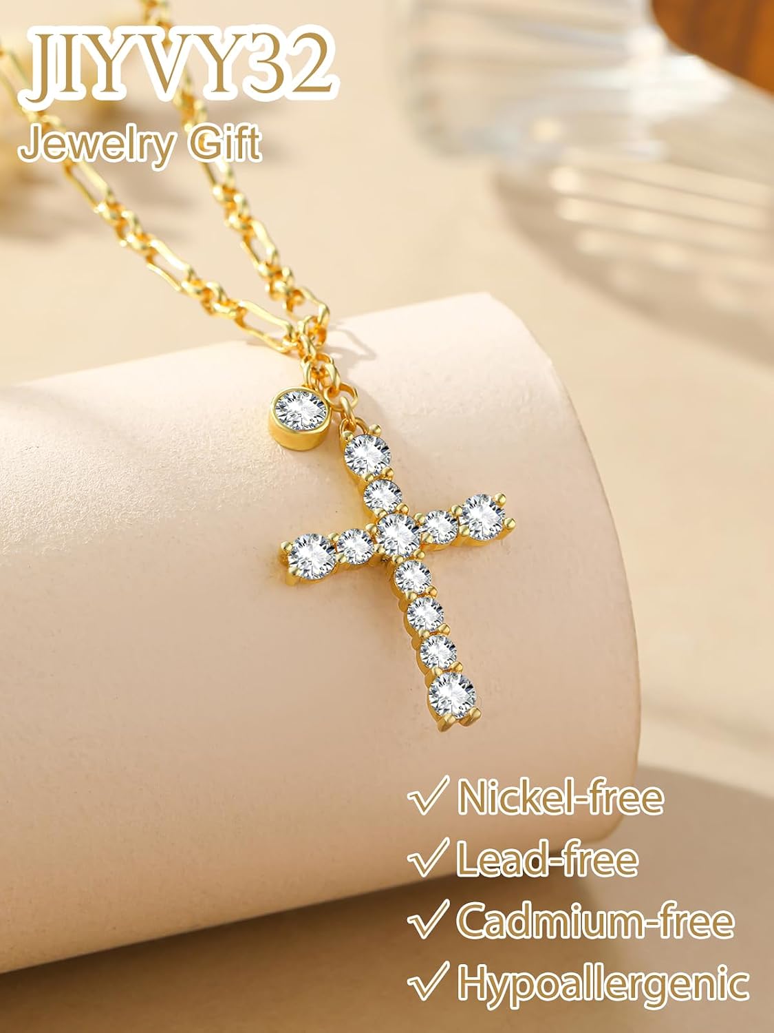 Cross Necklace for Women 14K Gold Birthstone Anniversary Birthday Gift for Wife Mom Protection Christian Jewelry Adjustable Chain