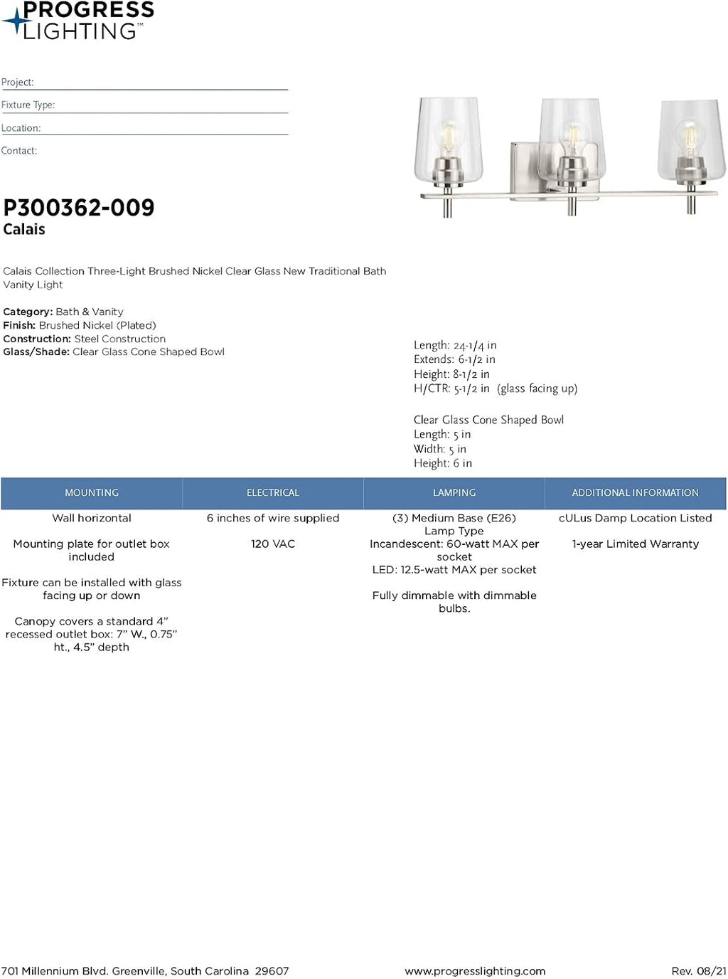 Progress Lighting Calais Collection 3-Light Clear Glass New Traditional Bath Vanity Light Brushed Nickel
