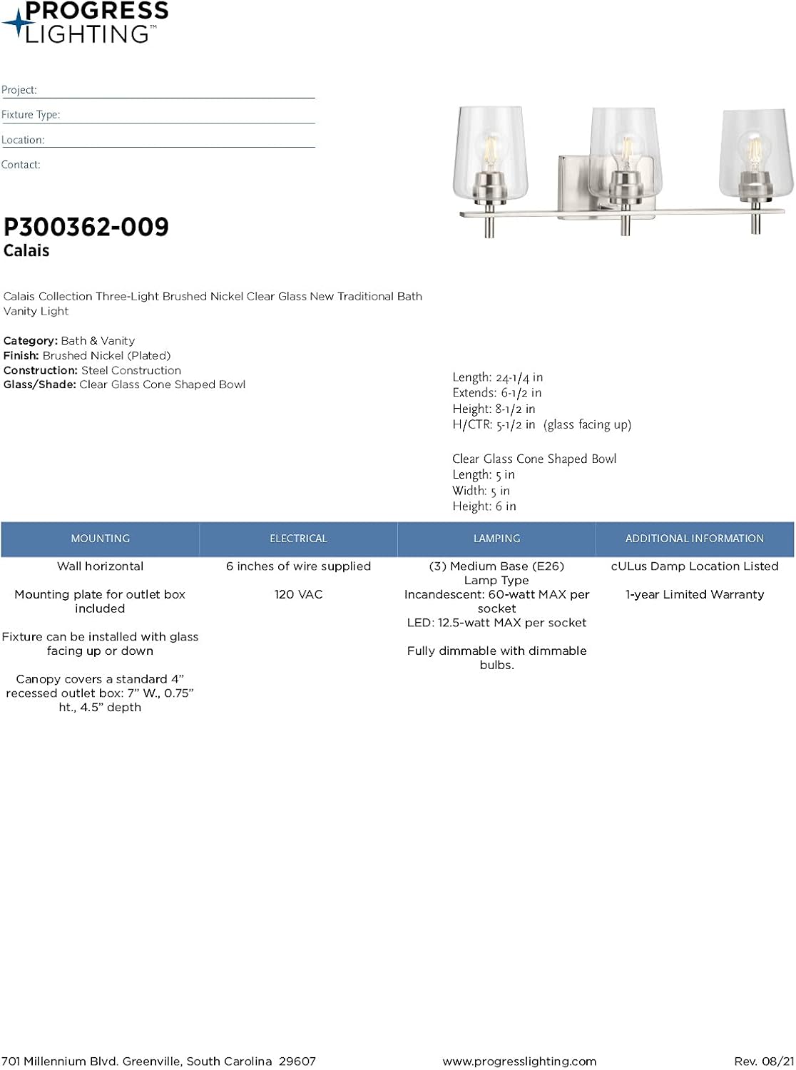 Progress Lighting Calais Collection 3-Light Clear Glass New Traditional Bath Vanity Light Brushed Nickel