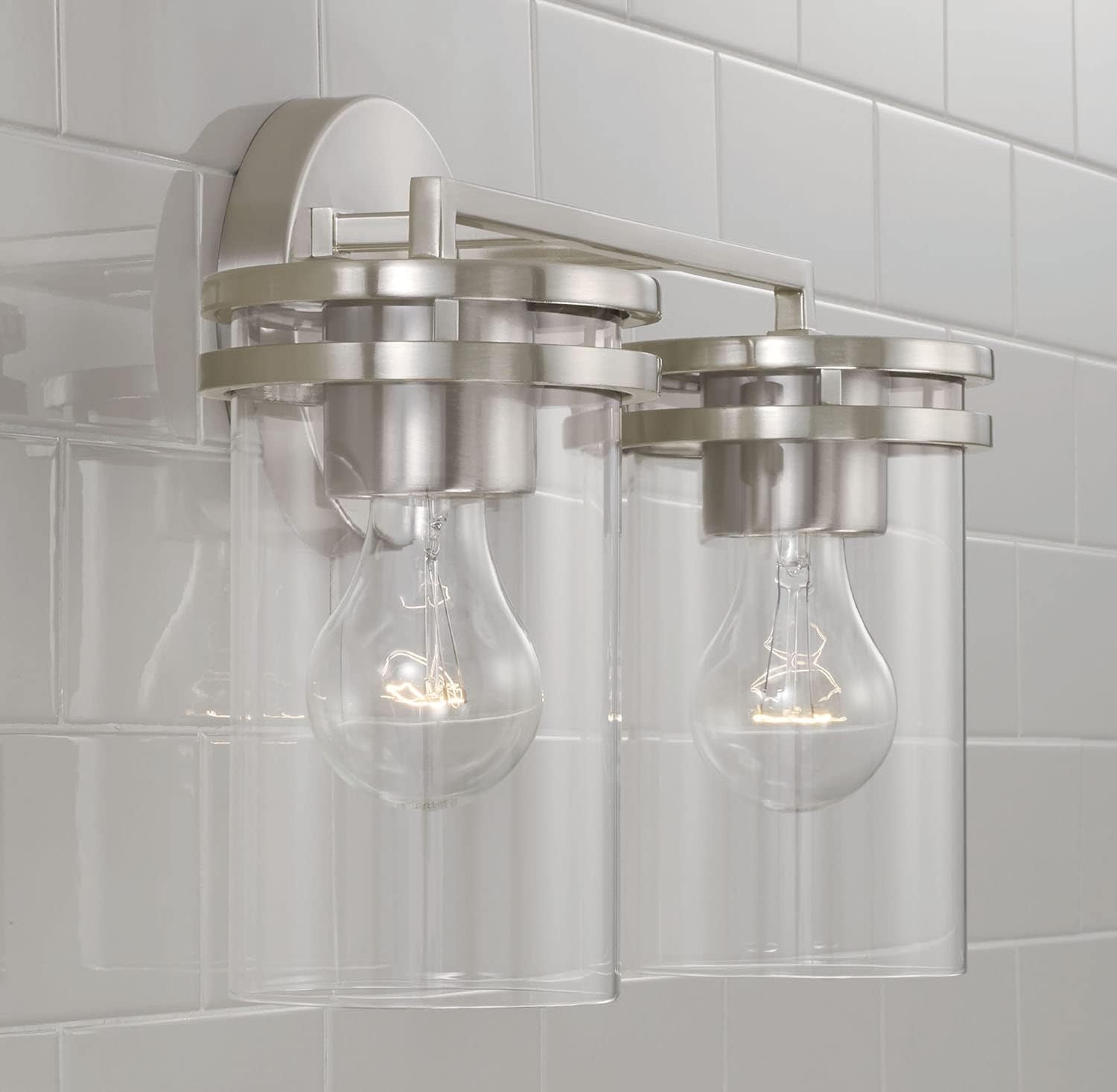 HomePlace by Capital Lighting 148721BN-539 Fuller Transitional Clear Glass Cylinder Vanity Light for Bathroom, 2-Light 200 Total Watts, 10' H x 14' W, Brushed/Satin Nickel