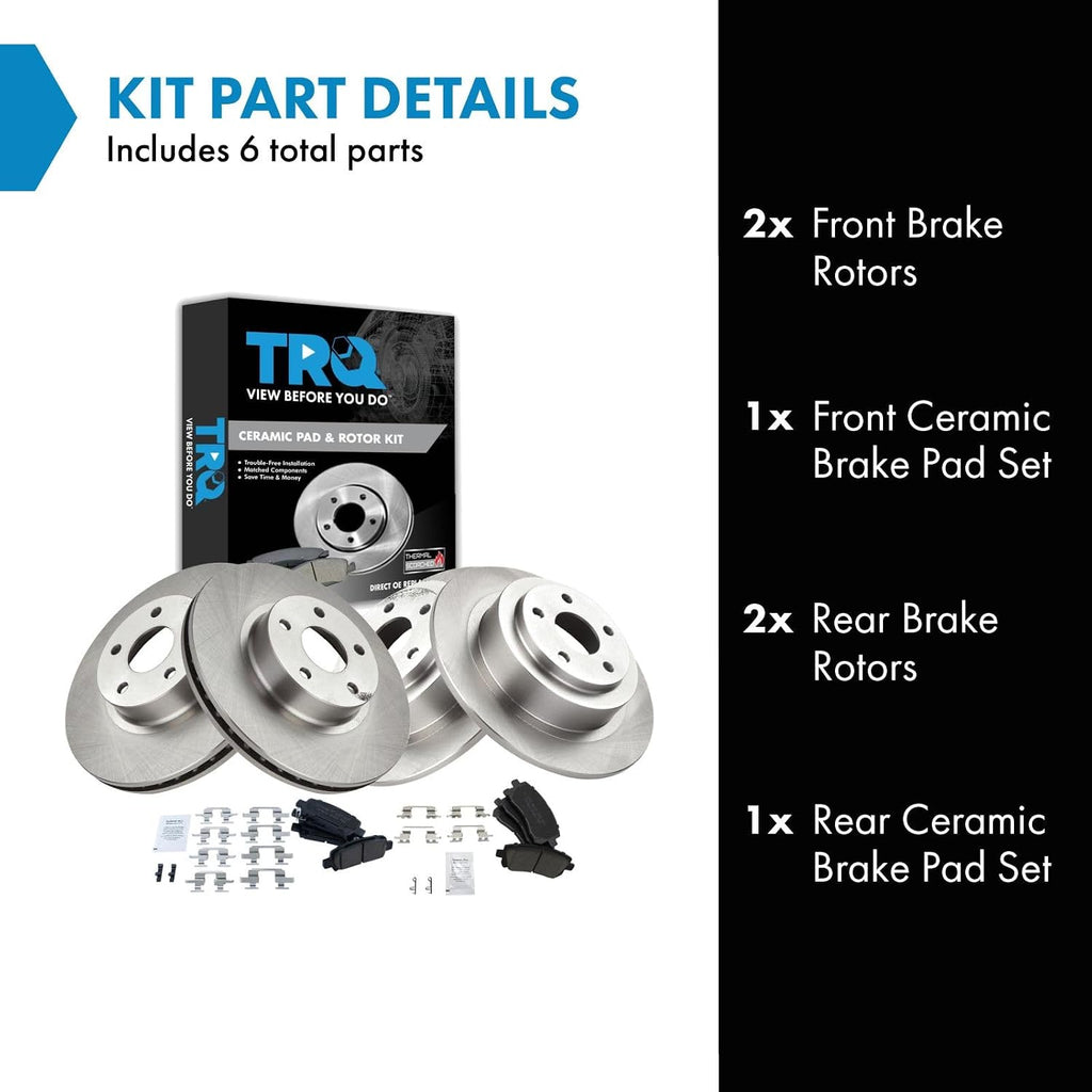 TRQ Front and Rear Ceramic Brake Pad and Rotor Set Compatible with 00 Subaru Outback, 00-01 Legacy with 277mm Diameter Front Rotors, 02 Legacy L 277mm Diameter Rotors