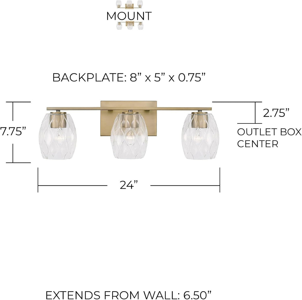 Capital Lighting 145331AD-525 Lucas Transitional Wavy Embossed Glass Vanity Lights for Bathroom, 3-Light 300 Total Watts, 8' H x 24' W, Aged Brass