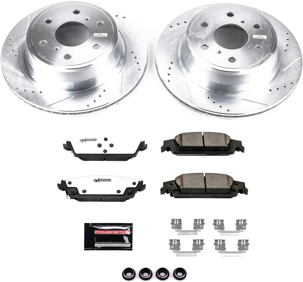 PowerStop Rear Brake Kit For Chevrolet Tahoe 2015-20 |Silverado 1500 2014-18 |Suburban 2015-20 - Truck & Tow Carbon Fiber Ceramic Brake Pads + Drilled & Slotted Rotors Upgrade, K6562-36