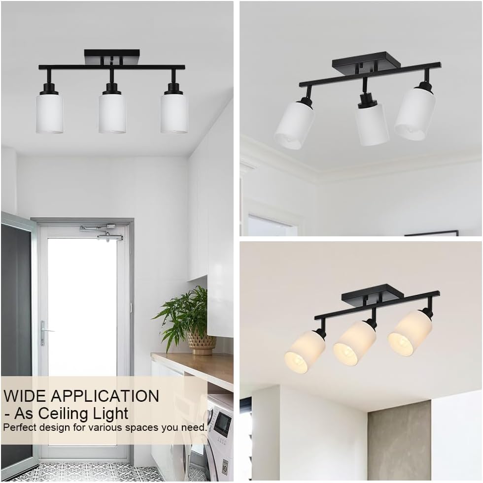 TODOLUZ 3-Lights Track Lighting Kit, Black Directional Ceiling Light Fixtures with Opal White Glass, Wall Mounted Spotlight for Kitchen Hallway