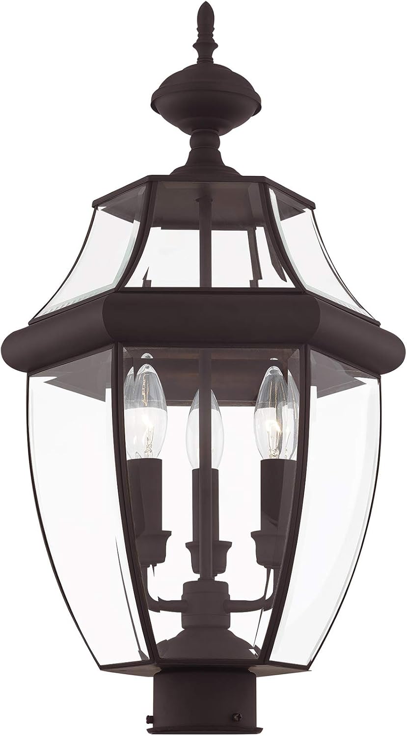 Livex Lighting 2354-07 Monterey 3 Light Outdoor Bronze Finish Solid Brass Post Head with Clear Beveled Glass