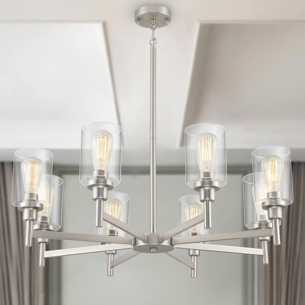 Brushed Nickel Chandeliers for Dining Room | 8 Lights Living Room Light Fixture Over Table | Farmhouse Chandelier with Clear Glass Shade | Hallway Lighting for Kitchen Island | Bedroom | Restaurant