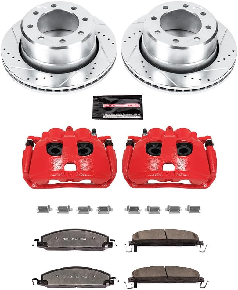 PowerStop Rear Brake & Caliper Kit for Dodge Ram 2500 2009-10 |Ram 3500 2009-10 |Ram 1500 2012 |2500 2011-18 - Drilled & Slotted Disc Rotors + Z36 Brake Pads + Red-Powder Coated Calipers, KC5487-36